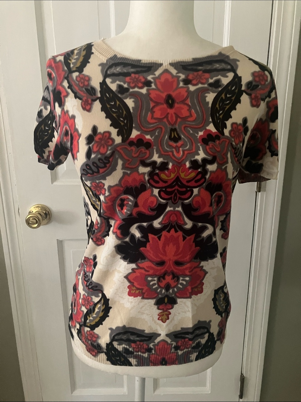 J. Crew Cream Floral Fall colors Short-Sleeve Cotton Sweater Top S